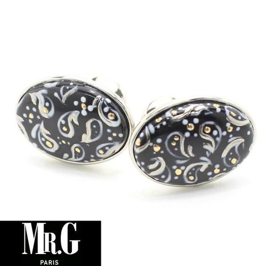 【Mr.G】ブラック×シルバー・ペイズリーのカフス(カフリンクス/カフスボタン)