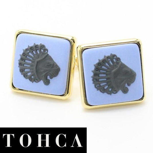 取寄品【陶華・TOHCA】ゴールド・スクウェア・ライオンカメオ・ブルーのカフス(カフリンクス/カフスボタン)