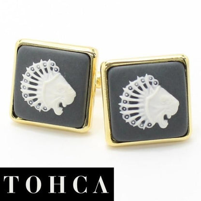 取寄品【陶華・TOHCA】ゴールド・スクウェア・ライオンカメオ・グレーのカフス(カフリンクス/カフスボタン)
