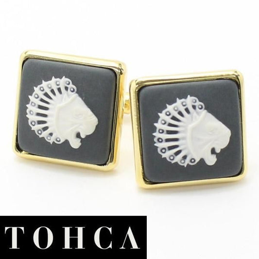 取寄品【陶華・TOHCA】ゴールド・スクウェア・ライオンカメオ・グレーのカフス(カフリンクス/カフスボタン)
