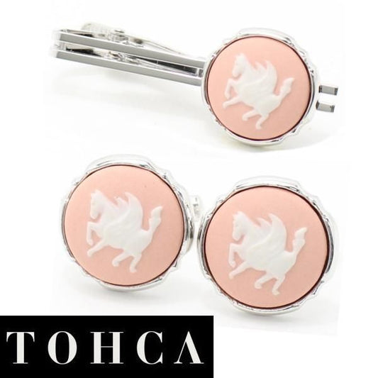 取寄品【陶華・TOHCA】シルバー・ラウンド・ペガサスカメオ・ピンクのカフスセット(タイピンセット)