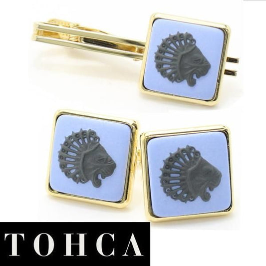 取寄品【陶華・TOHCA】ゴールド・スクウェア・ライオンカメオ・ブルーのカフスセット(タイピンセット)