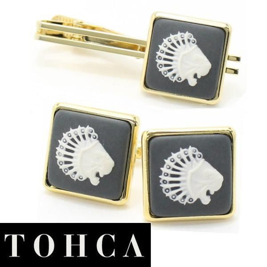 取寄品【陶華・TOHCA】ゴールド・スクウェア・ライオンカメオ・グレーのカフスセット(タイピンセット)