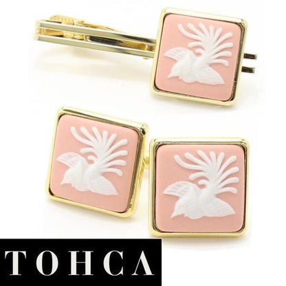 取寄品【陶華・TOHCA】ゴールド・スクウェア・鳳凰カメオ・ピンクのカフスセット(タイピンセット)