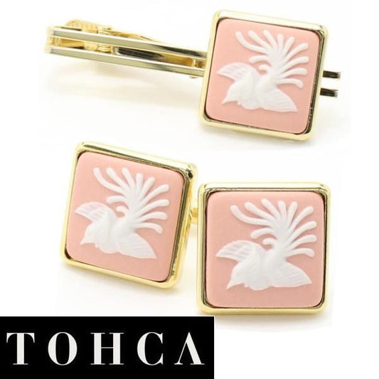 取寄品【陶華・TOHCA】ゴールド・スクウェア・鳳凰カメオ・ピンクのカフスセット(タイピンセット)