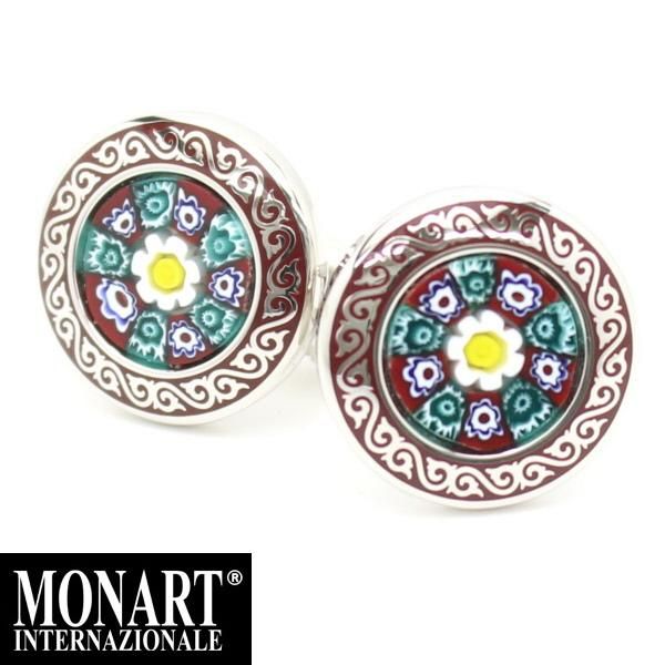 【MONART】ベネチアンガラス・グリーン×茶小花・ムッリーネのカフス(カフリンクス/カフスボタン)
