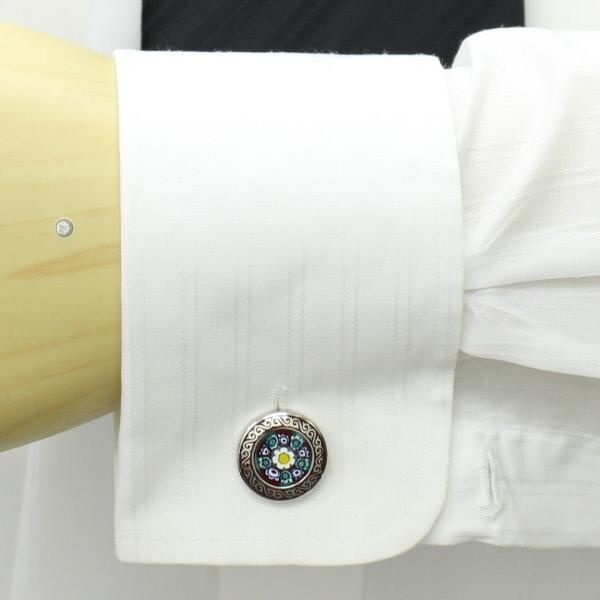 【MONART】ベネチアンガラス・グリーン×茶小花・ムッリーネのカフス(カフリンクス/カフスボタン)