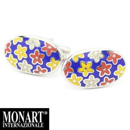 【MONART】オーバル・カラフルフラワー・ブルーエナメルのカフス(カフリンクス/カフスボタン)