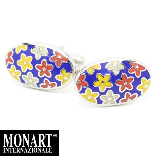 【MONART】オーバル・カラフルフラワー・ブルーエナメルのカフス(カフリンクス/カフスボタン)