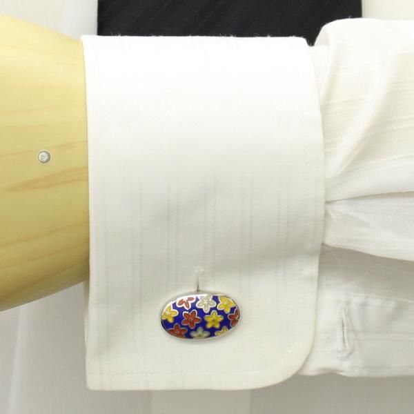 【MONART】オーバル・カラフルフラワー・ブルーエナメルのカフス(カフリンクス/カフスボタン)