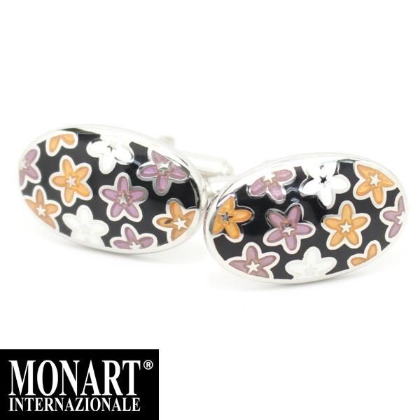 【MONART】オーバル・カラフルフラワー・ブラックエナメルのカフス(カフリンクス/カフスボタン)