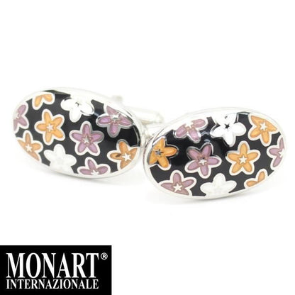 【MONART】オーバル・カラフルフラワー・ブラックエナメルのカフス(カフリンクス/カフスボタン)