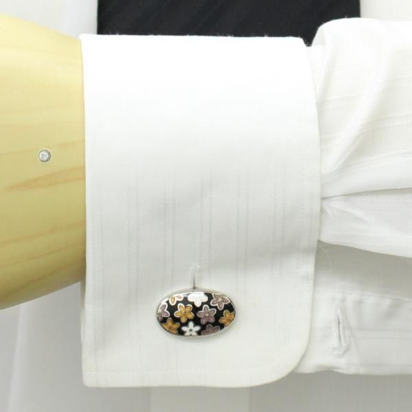 【MONART】オーバル・カラフルフラワー・ブラックエナメルのカフス(カフリンクス/カフスボタン)