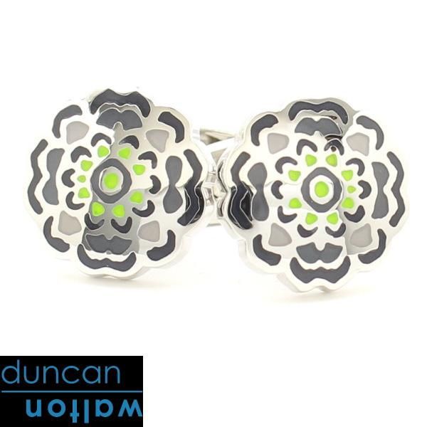 【Duncan Walton Luxury】Appleton・グレー×グリーン・フラワーのカフス(カフリンクス/カフスボタン)